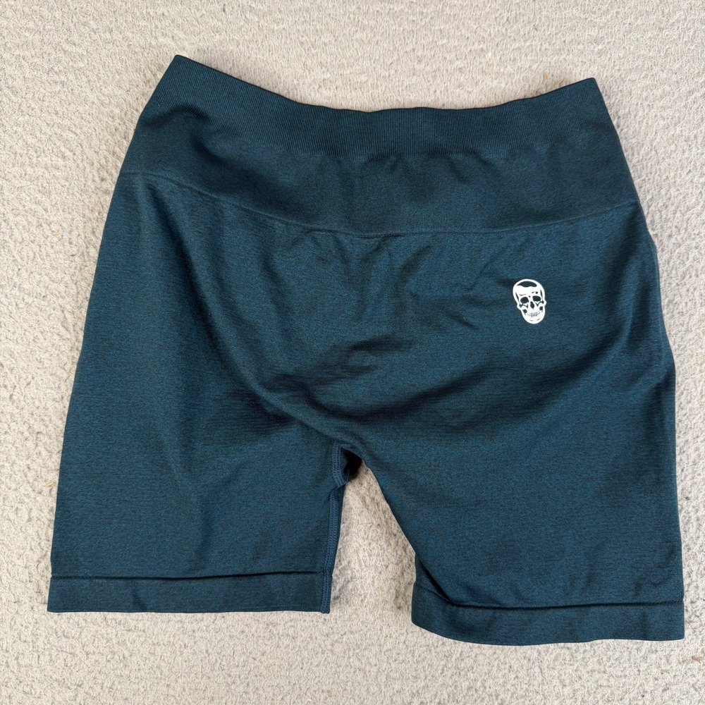 Gymreapers Shorts Womens Small Teal Seamless Biker Skull Logo Athletic Workout